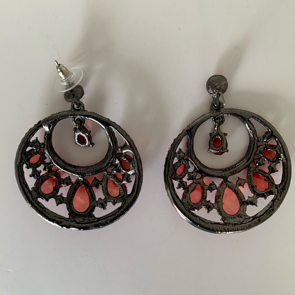 Vintage Red Jeweled Hoop Earrings Drop Rhinestones Stud Top Pierced Ears - Picture 14 of 15